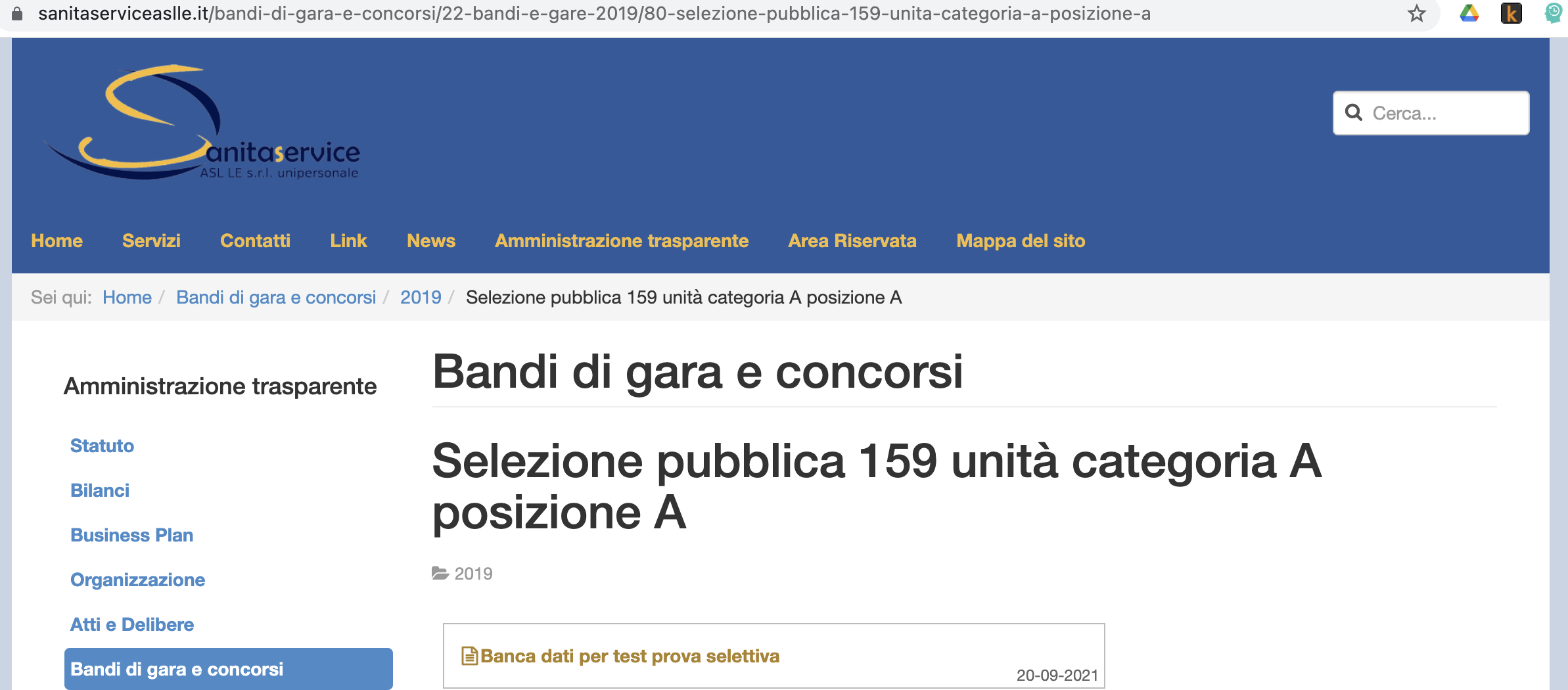 ScreenShot della pagina web del sito di SanitaService AslLe